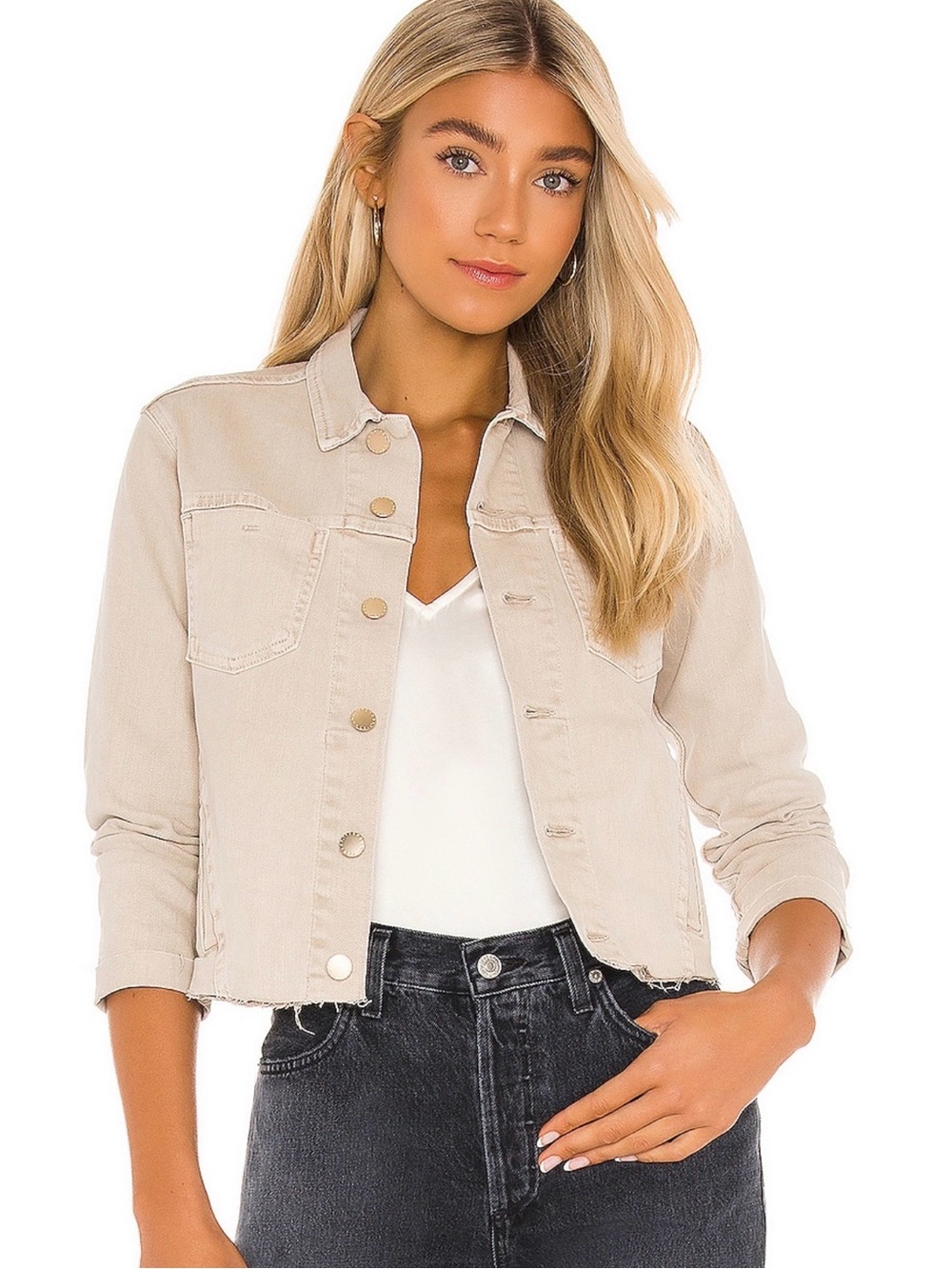 L'AGENCE Light Beige Denim Jacket with Frayed Hem